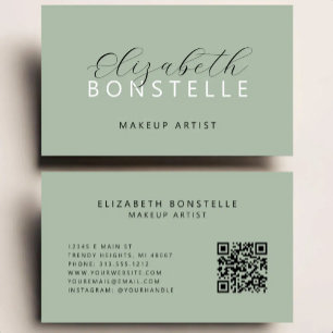 Carte De Visite Code QR d'Artiste Maquilleur Élégant Vert Sauge