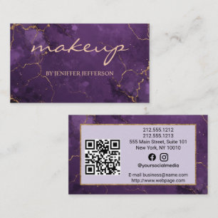 Carte De Visite Code QR d'artiste maquilleuse en marbre violet or 