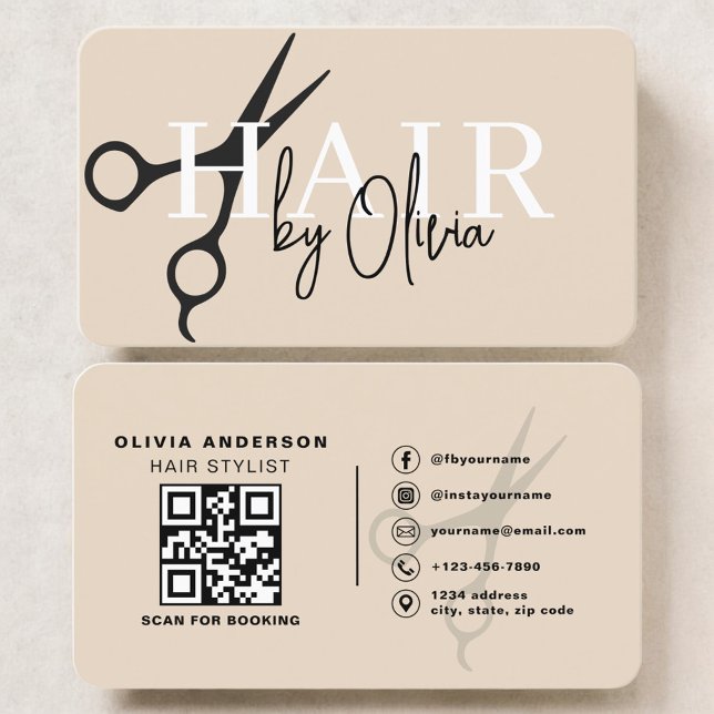 Carte De Visite Code QR de ciseaux de coiffeur beige neutre (Créateur téléchargé)
