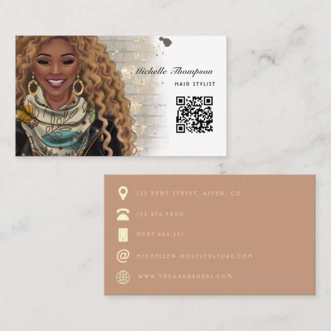 Carte De Visite Code QR de coiffeur afro-américain (Devant / Derrière)