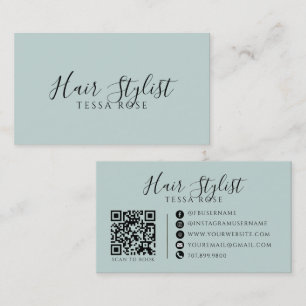 Carte De Visite Code QR de coiffeur bleu-vert poussiéreux