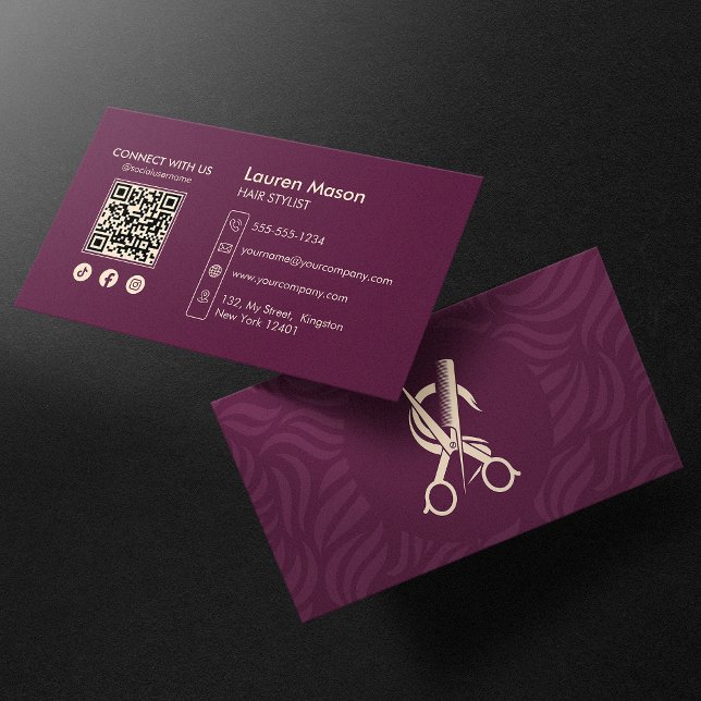 Carte De Visite Code QR de coiffeur Marron Élégant (Créateur téléchargé)