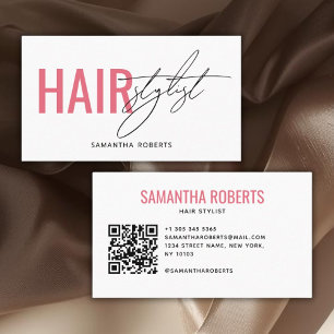 Carte De Visite Code QR de coiffeur moderne blanc rose