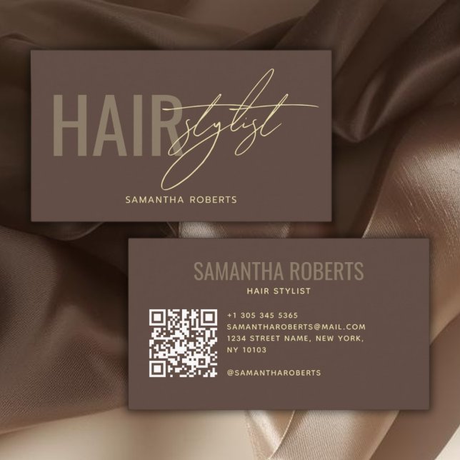 Carte De Visite Code QR de coiffeur moderne marron (Créateur téléchargé)
