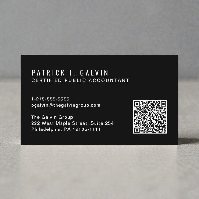 Carte De Visite Code QR de comptable CPA noir (CPA Accountant QR Code Black Business Card)