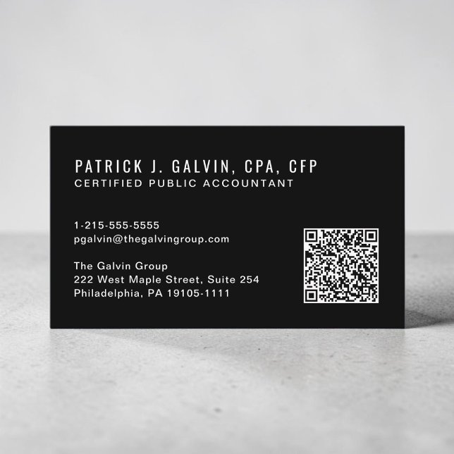 Carte De Visite Code QR de comptable CPA noir (CPA Accountant QR Code Black Business Card)