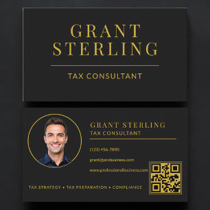 Carte De Visite Code QR de Conseiller Fiscal Noir Or