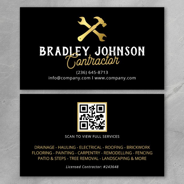 Carte De Visite Code QR de construction Black Gold (Créateur téléchargé)