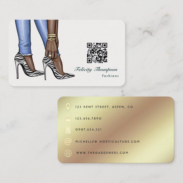 Carte De Visite Code QR de créateur de mode Glam Chic Gold Busines (Devant / Derrière)