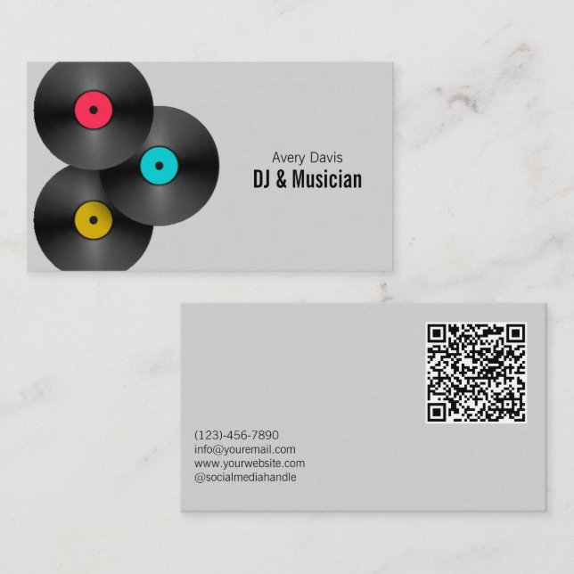Carte De Visite Code QR de disque vinyle DJ Deejay Soirée Rétro (Devant / Derrière)