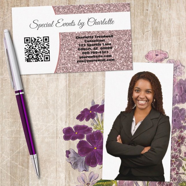 Carte De Visite Code QR de la Parties scintillant rose professionn (Share your professional photo and business details all on one unique business card design.)