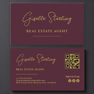 Carte De Visite Code QR de l'agent immobilier Burgundy & Gold