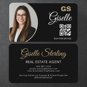 Carte De Visite Code QR de l'agent immobilier Noir Or Photo