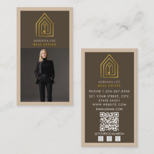 Carte De Visite Code QR de l'agent immobilier photo clé or marron
