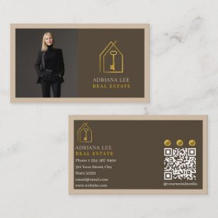 Carte De Visite Code QR de l'agent immobilier photo clé or marron