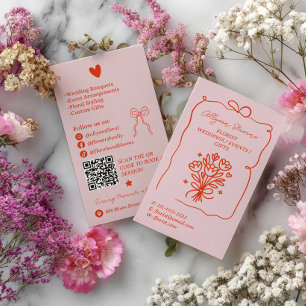 Carte De Visite Code QR de l'artiste fleuriste rose rétro rouge