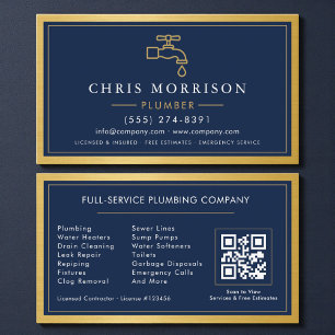 Carte De Visite Code QR de l'entrepreneur en plomberie bleu marine