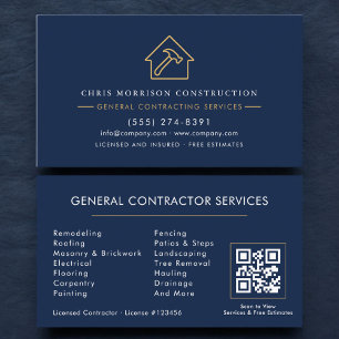 Carte De Visite Code QR de l'entrepreneur général Bleu Marine