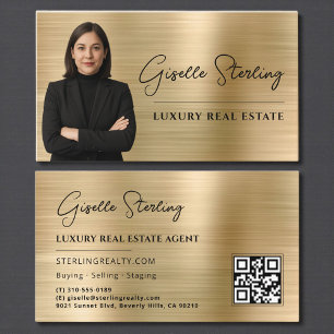 Carte De Visite Code QR de l'immobilier Photo Métal Doré Faux