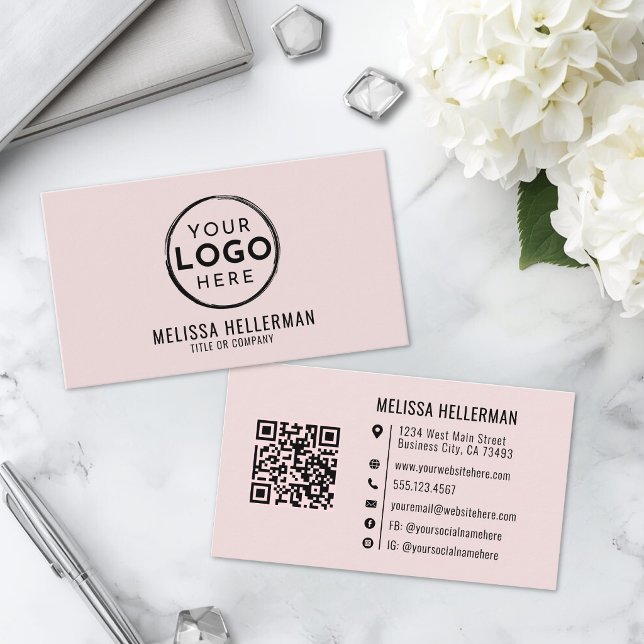 Carte De Visite Code QR de logo professionnel rose blush (Blush Pink Professional Logo QR Code Business Card)