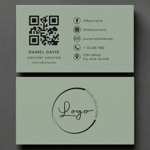 Carte De Visite Code QR de logo vert sauge créateur de contenu