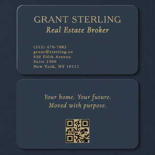 Carte De Visite Code QR de luxe bleu marine or pour agent immobili