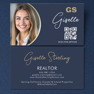 Carte De Visite Code QR de luxe bleu marine pour agent immobilier