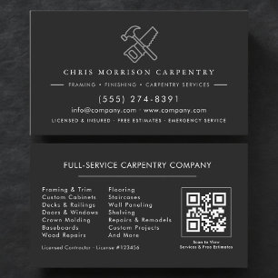 Carte De Visite Code QR de luxe Charpentier Menuiserie Noir Argent