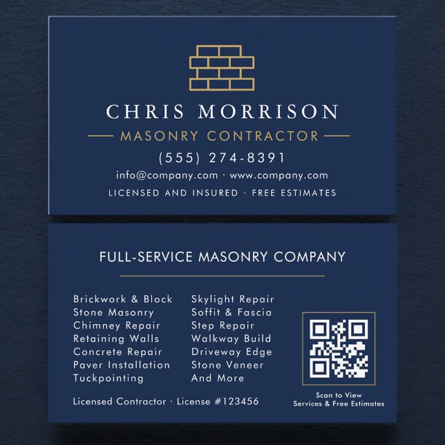 Carte De Visite Code QR de maçonnerie de pierre moderne (Créateur téléchargé)