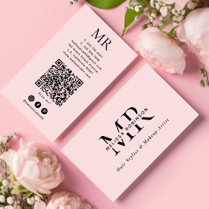 Carte De Visite Code QR de monogramme de coiffeur Rose Fille