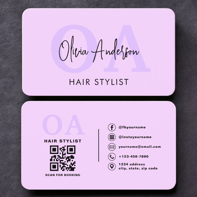 Carte De Visite Code QR de monogramme de coiffeur violet (Créateur téléchargé)
