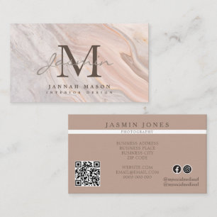 Carte De Visite Code QR de monogramme en marbre rose élégant