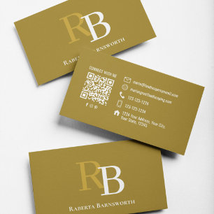 Carte De Visite Code QR de monogramme marron élégant professionnel