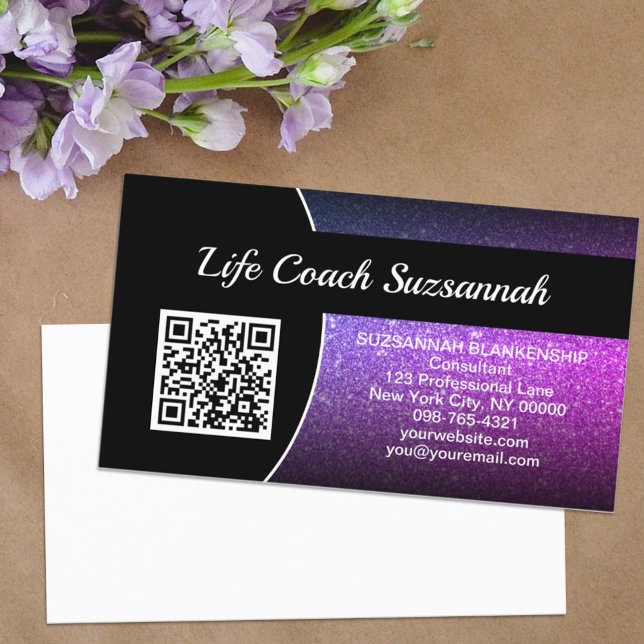 Carte De Visite Code QR de Parties scintillant Ombre violet profes (All information on the front allows room for handwritten notes on the back of this business card. )