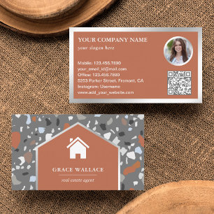 Carte De Visite Code QR de photo immobilière en Terrazzo Gris Mode
