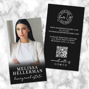 Carte De Visite Code QR de photo noire Logo de script Vertical