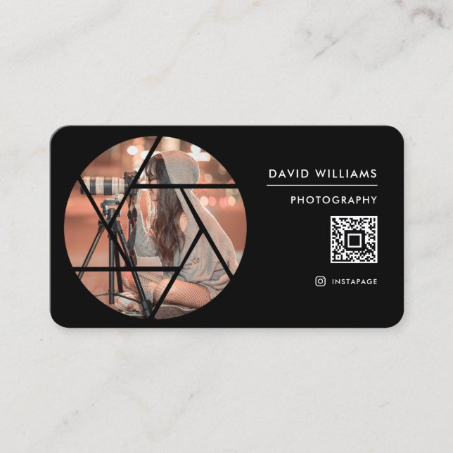 Carte De Visite Code QR de photographe professionnel noir Photo (Devant)