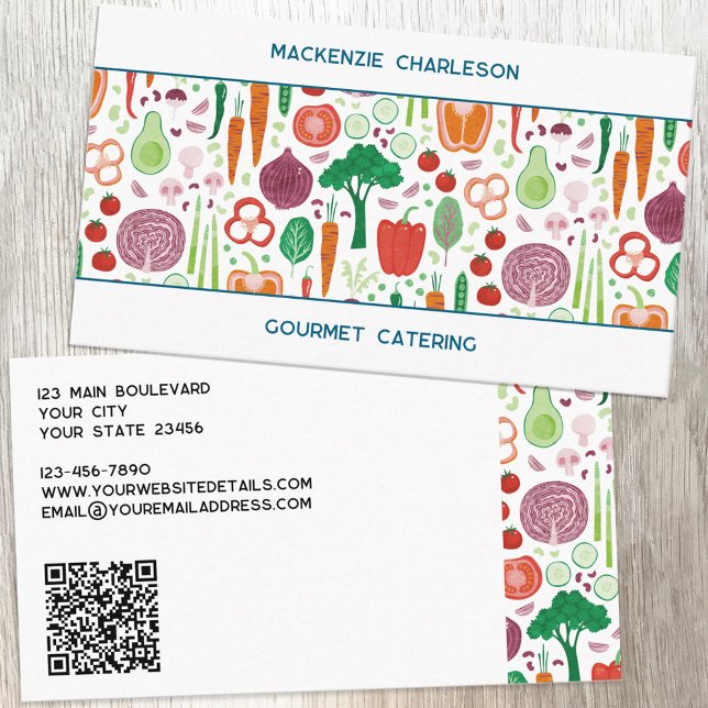 Carte De Visite Code QR de restauration de Motif végétal (Vegetable pattern QR code custom text business card for catering, nutritionist, vegan and vegetarian)