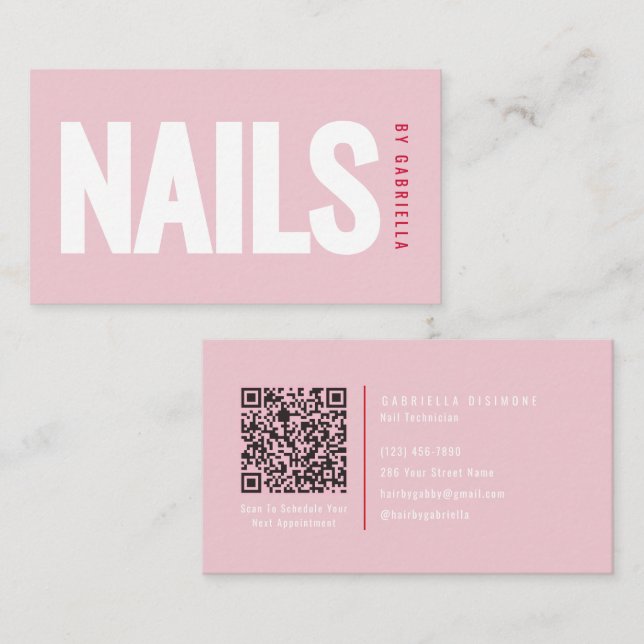 Carte De Visite Code QR de salon de manucure rose moderne (Devant / Derrière)