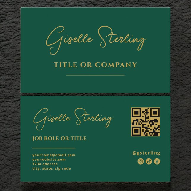 Carte De Visite Code QR de script professionnel Emerald Green Gold (Créateur téléchargé)