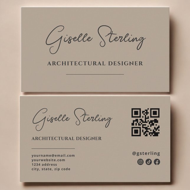 Carte De Visite Code QR de script taupe neutre pour designer d'arc (Créateur téléchargé)