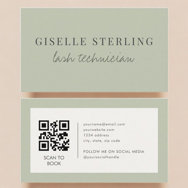 Carte De Visite Code QR de Technicien de Cils Vert Sauge (Créateur téléchargé)