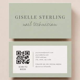Carte De Visite Code QR de technicien en onglerie vert sauge