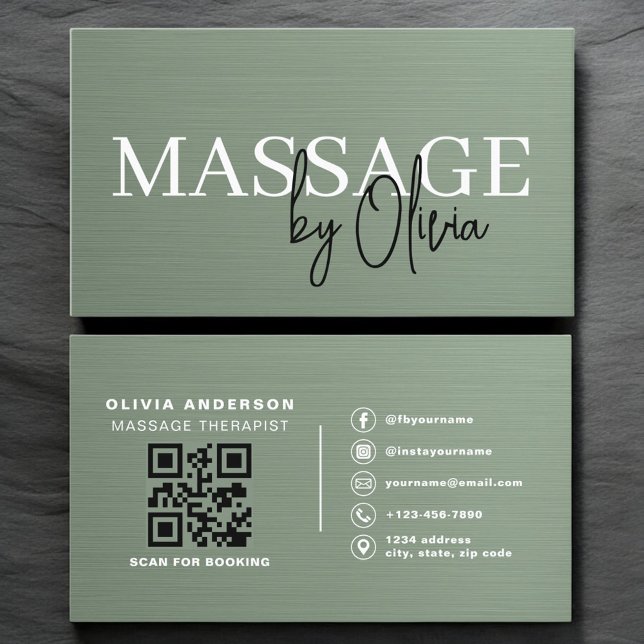 Carte De Visite Code QR de thérapeute de massage métallisé vert sa (Créateur téléchargé)