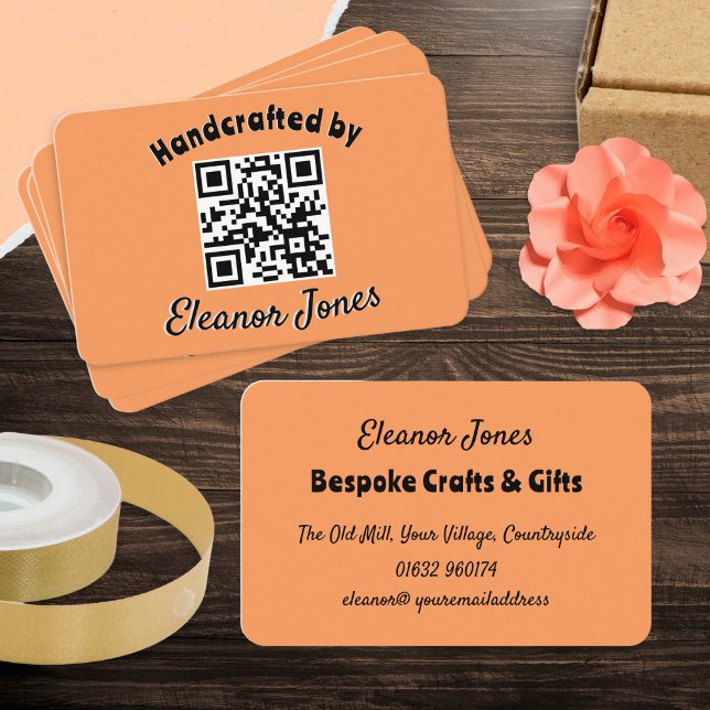 Carte De Visite Code QR d'embarcation d'art rustique (Introduce your business in style with these pretty peach colored cards, with custom QR code)