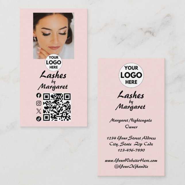 Carte De Visite Code QR d'icône sociale de script rose blush Photo (Devant / Derrière)