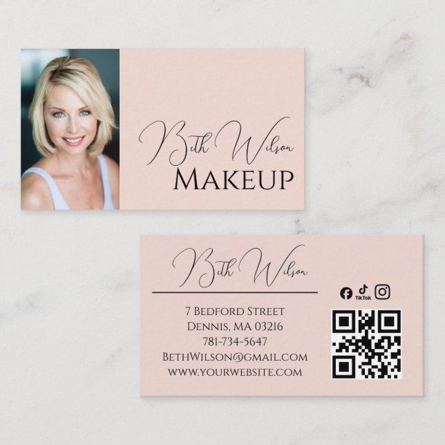 Carte De Visite Code QR d'icône sociale de script rose Blush Photo (Devant / Derrière)