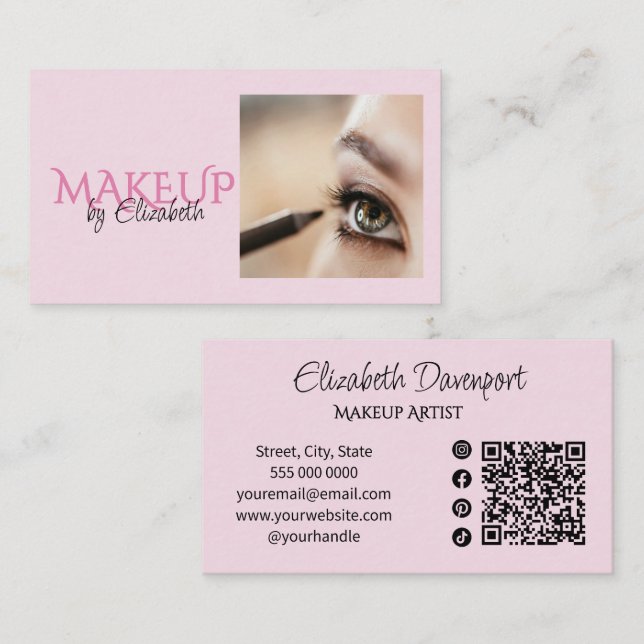 Carte De Visite Code QR d'icône sociale de script rose Blush Photo (Devant / Derrière)