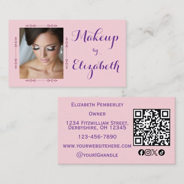 Carte De Visite Code QR d'icône sociale de script rose blush Photo (Devant / Derrière)