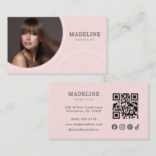 Carte De Visite Code QR d'icône sociale rose pastel Photo Coiffeur